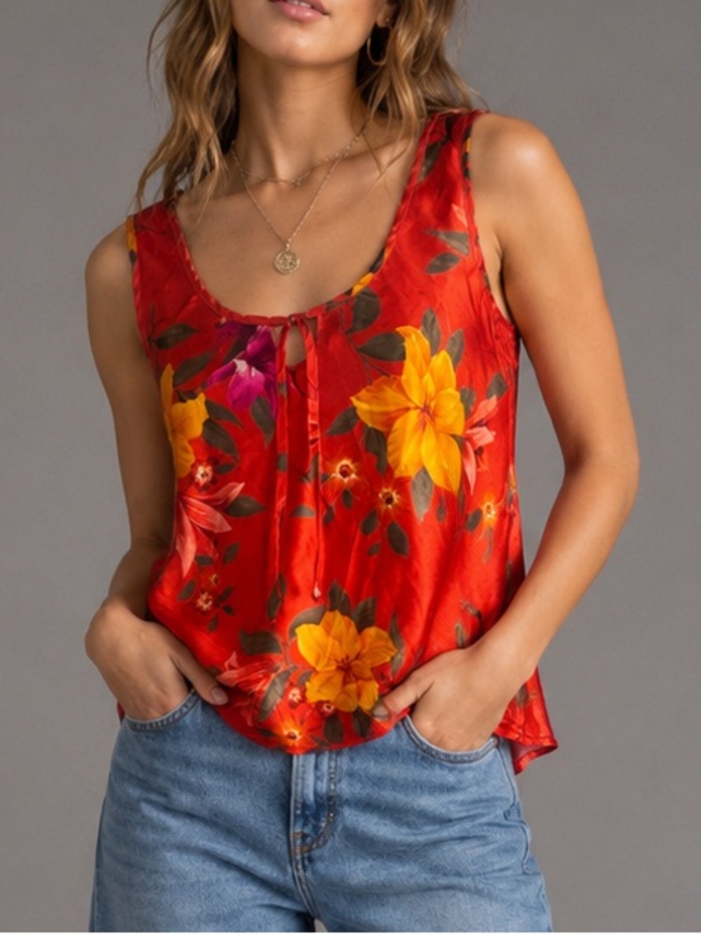 Victoria’s Secret Y2K Sz S Red Orange Tropical Floral 90s Satin Cami Tank Top